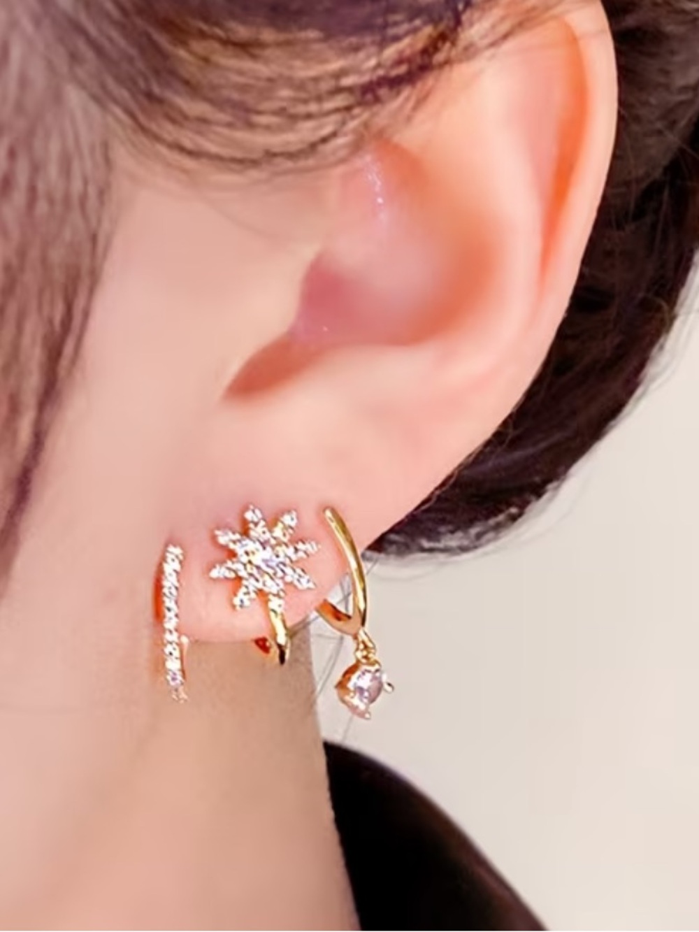Gold Snowflake Hoop Earrings with Cubic Zirconia Drop - Women Jewelry - Picture 2 of 3